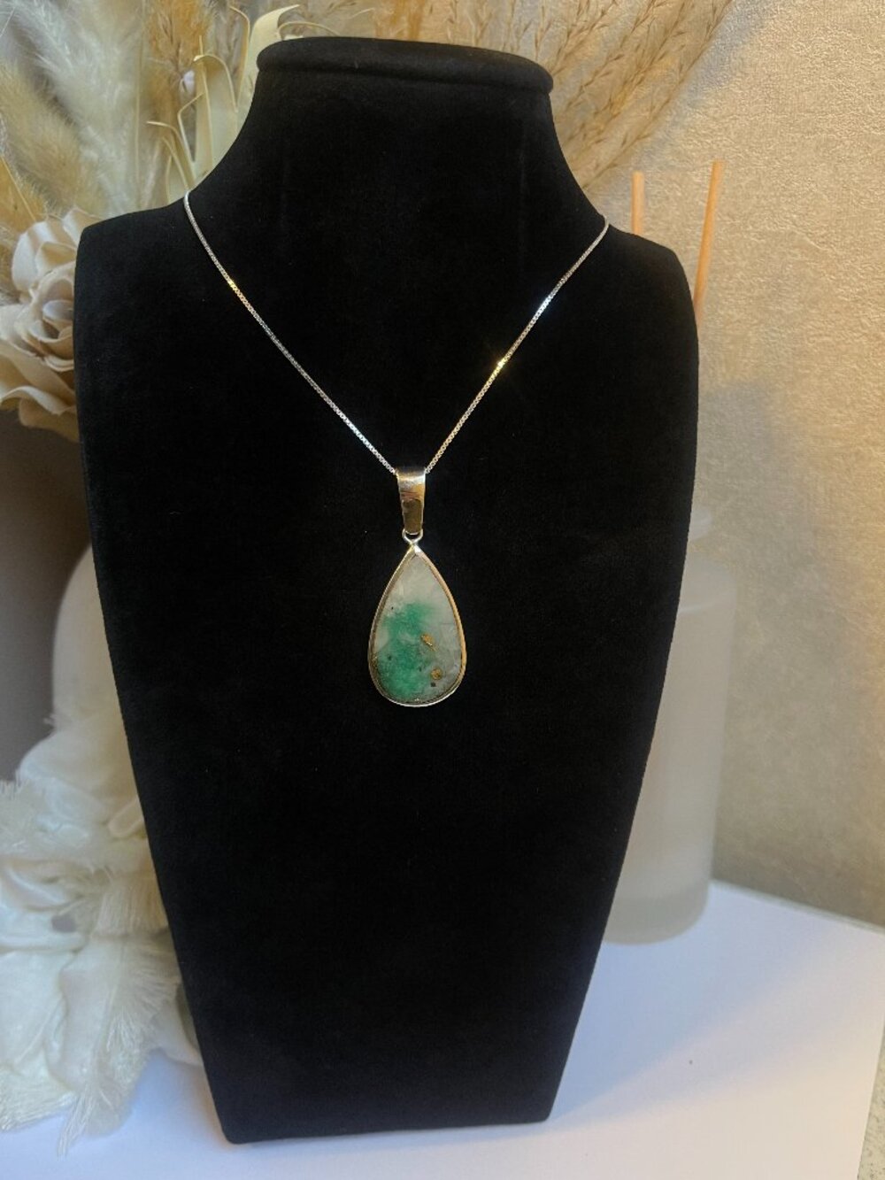 925 Sterling Silver Emerald Quartz Pyrite Teardrop Pendant Necklace Green Stone